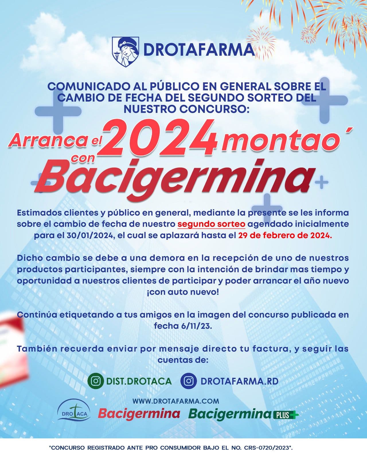 CAMBIO DE FECHA PARA  SEGUNDO SORTEO “ARRANCA EL 2024 MONTAO’ CON BACIGERMINA”